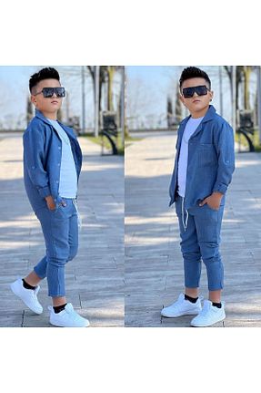 ست بالاتنه و پائین تنه آبی بچه گانه بافتنی PeluşÇocuk - کد 921556159