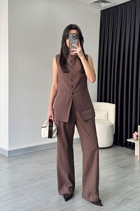 ست بالاتنه و پائین تنه قهوه ای زنانه بافتنی ECEMİ - کد 920846712