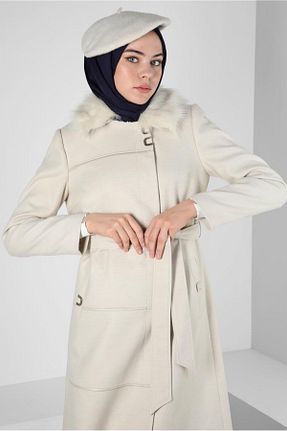 پالتو پشمی حجاب بژ زنانه رگولار Alvina - کد 789856773