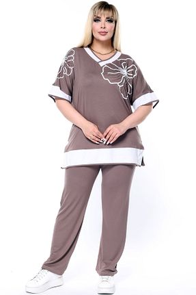 ست بالاتنه و پائین تنه سایز بزرگ قهوه ای زنانه فاق نرمال Kheos - کد 920944166