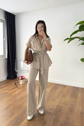 ست بالاتنه و پائین تنه طوسی زنانه کتان BİRCANÇİL - کد 921265387