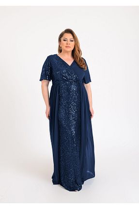 لباس مجلسی سایز بزرگ سرمه ای زنانه پلی استر - الاستین LİLAS XXL - کد 701093443