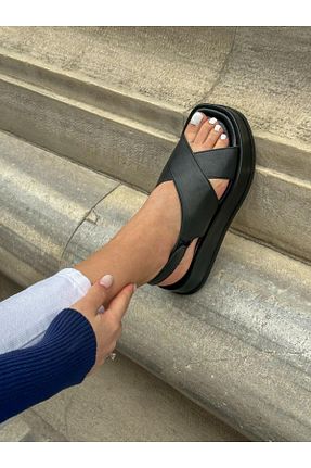 صندل مشکی زنانه پاشنه تخت ERVANIN BUTİĞİ - کد 921350697