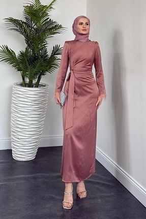 لباس مجلسی حجاب صورتی زنانه یقه ایستاده MERVEN AKYÜZ - کد 922171771