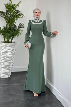 لباس مجلسی حجاب سبز زنانه یقه ایستاده MERVEN AKYÜZ - کد 922171775