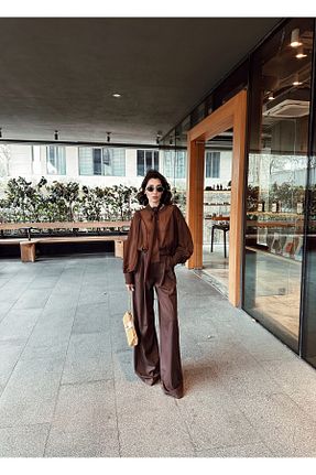 شلوار قهوه ای زنانه فاق بلند SANX - کد 921393992