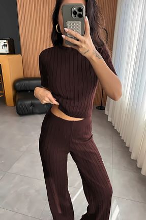 ست بالاتنه و پائین تنه قهوه ای زنانه بافت YAKAMEL - کد 921565091