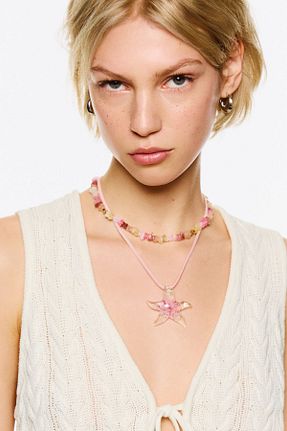 گردنبند جواهر صورتی زنانه مروارید Bershka - کد 921574134