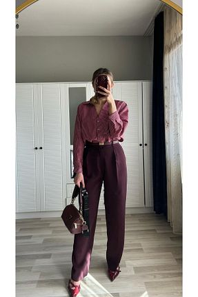 شلوار پارچه ای زرشکی زنانه فاق بلند ensbutik - کد 918302595