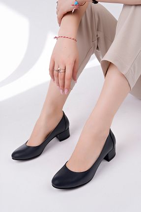 کفش پاشنه بلند کلاسیک سرمه ای زنانه چرم خالص Deripabuc - کد 906526648
