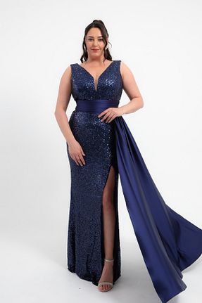 لباس مجلسی سایز بزرگ سرمه ای زنانه یقه ایستاده Lafaba - کد 920533470