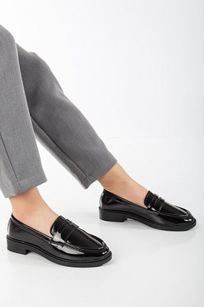 کفش لوفر مشکی زنانه چرم لاکی MYDERİN SHOES - کد 921664901
