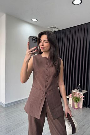 ست بالاتنه و پائین تنه قهوه ای زنانه بافتنی ECEMİ - کد 920846712