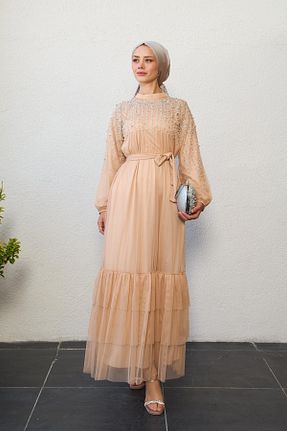 لباس مجلسی حجاب بژ زنانه یقه ایستاده Modarana - کد 920922991