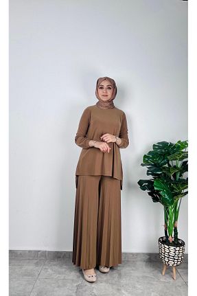 ست بالاتنه و پائین تنه قهوه ای زنانه بافتنی SOFT - کد 920942030