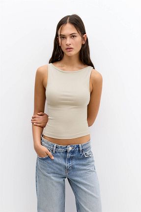 تیشرت بژ زنانه یقه هالتر Pull & Bear - کد 904699890