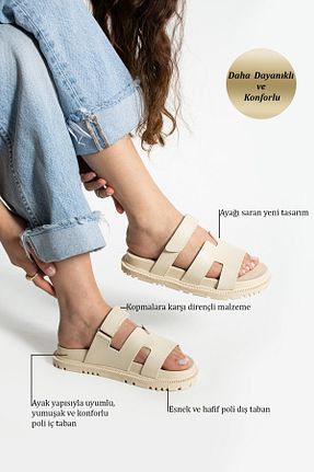 دمپائی بژ زنانه چرم مصنوعی Moda Devrin - کد 906342072