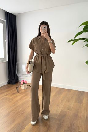 ست بالاتنه و پائین تنه قهوه ای زنانه کتان BİRCANÇİL - کد 921265375