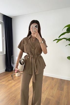ست بالاتنه و پائین تنه قهوه ای زنانه کتان BİRCANÇİL - کد 921265375