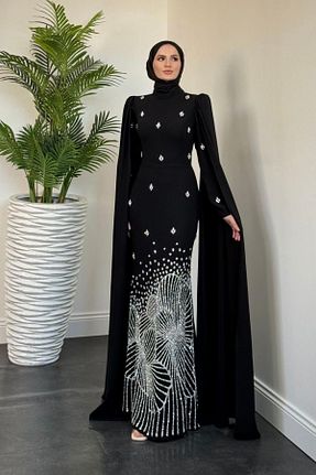 لباس مجلسی حجاب مشکی زنانه یقه ایستاده MERVEN AKYÜZ - کد 922171665