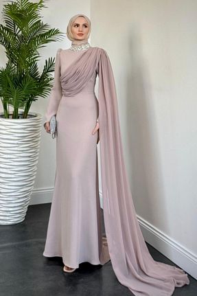 لباس مجلسی حجاب بژ زنانه یقه دوچرخه MERVEN AKYÜZ - کد 922171674