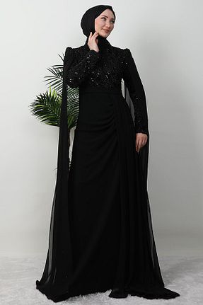 لباس مجلسی حجاب مشکی زنانه یقه ایستاده GİYZAMİLA - کد 929015750