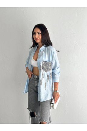 پیراهن آبی زنانه اورسایز BYKUZEYARAS - کد 921826863