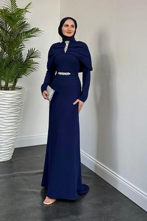 لباس مجلسی حجاب سرمه ای کرپ MERVEN AKYÜZ - کد 922171745