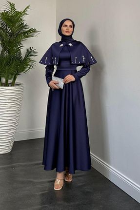 لباس مجلسی حجاب سرمه ای ساتن MERVEN AKYÜZ - کد 922171785