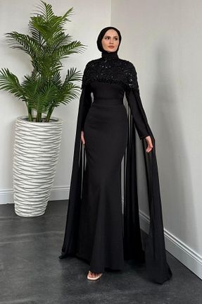 لباس مجلسی حجاب مشکی زنانه یقه ایستاده MERVEN AKYÜZ - کد 922171791