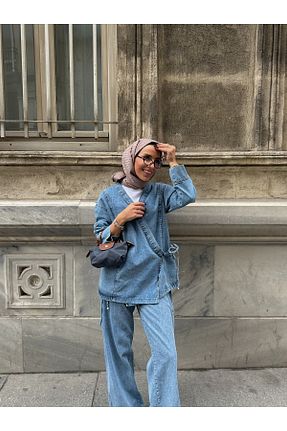 ست بالاتنه و پائین تنه آبی زنانه جین QALYAOFFİCİAL - کد 903017738