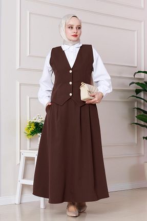 ست بالاتنه و پائین تنه حجاب قهوه ای اورسایز Sevitli - کد 922025795