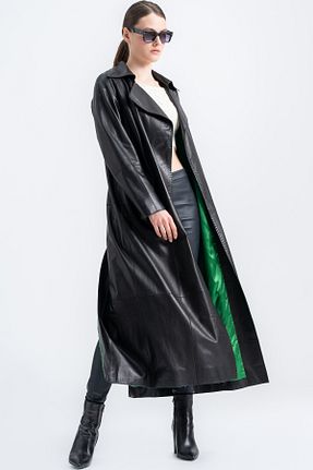 ترنچکت مشکی زنانه چرم خالص Lebeni - کد 922698255