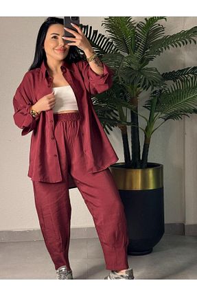 ست بالاتنه و پائین تنه زرشکی زنانه اورسایز BASKA GİYİM - کد 922428972