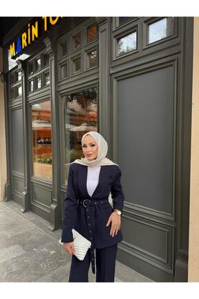 کت و شلوار سرمه ای زنانه یقه کتی MYGİYİMİSTANBUL - کد 923124718