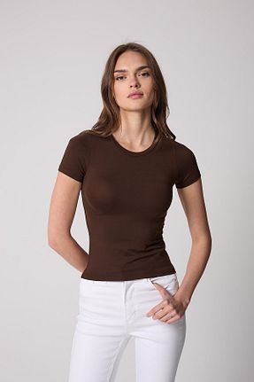 تیشرت قهوه ای زنانه اسلیم فیت AMİDA - کد 922686997