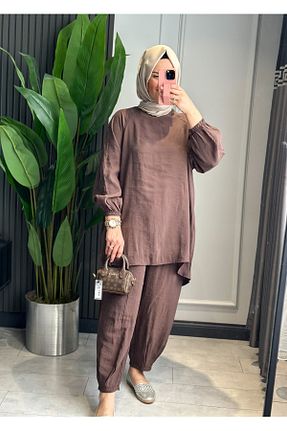 ست بالاتنه و پائین تنه حجاب قهوه ای زنانه رگولار SARE BOUTIQUE - کد 922709506