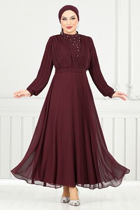 لباس مجلسی حجاب زرشکی زنانه یقه ایستاده ModaMerve - کد 922916888