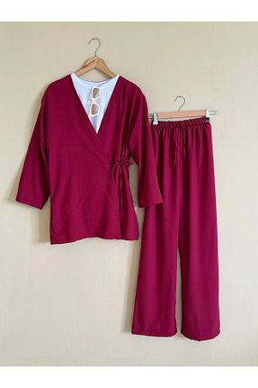 ست بالاتنه و پائین تنه زرشکی زنانه بافتنی ENDAMIM - کد 923382210
