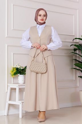 ست بالاتنه و پائین تنه حجاب بژ اورسایز Sevitli - کد 922025901