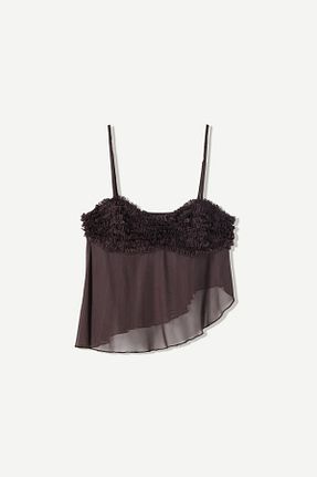 تیشرت قهوه ای زنانه یقه دگاژه Bershka - کد 922934408