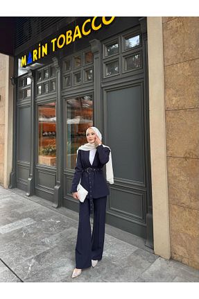 کت و شلوار سرمه ای زنانه یقه کتی MYGİYİMİSTANBUL - کد 923124718