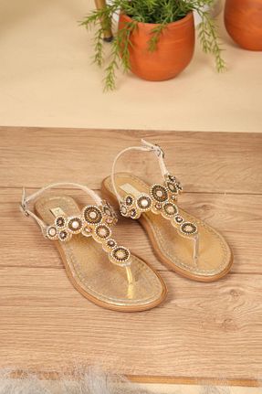 صندل طلائی زنانه پاشنه تخت Birikon - کد 922753634