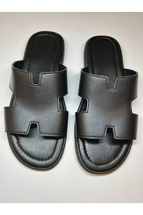 دمپائی مشکی مردانه پاشنه تخت DERİ SANDALS - کد 922806155