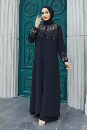 لباس مجلسی حجاب مشکی زنانه یقه ایستاده VAVİNOR - کد 637925196
