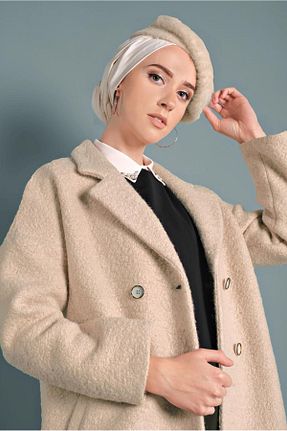 پالتو پشمی حجاب بژ زنانه رگولار Alvina - کد 826129330