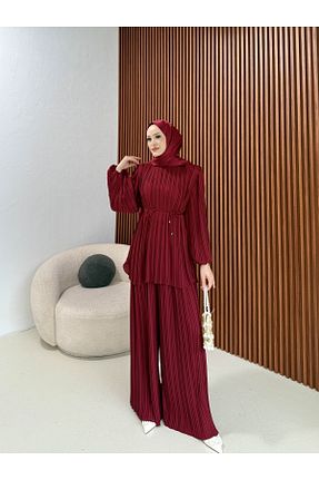 ست بالاتنه و پائین تنه حجاب زرشکی گشاد Melike Tatar - کد 923336293