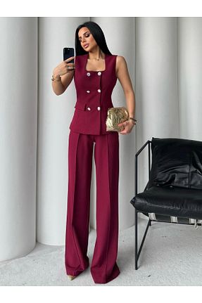 ست بالاتنه و پائین تنه زرشکی زنانه بافتنی ZF BUTİK - کد 923331443