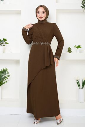 لباس مجلسی حجاب قهوه ای زنانه یقه دوچرخه ModaMerve - کد 853033731