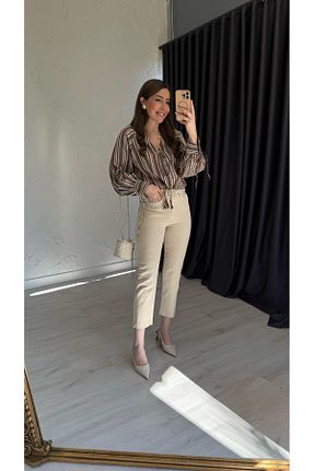 شلوار جین بژ زنانه فاق بلند elif teke - کد 921778340